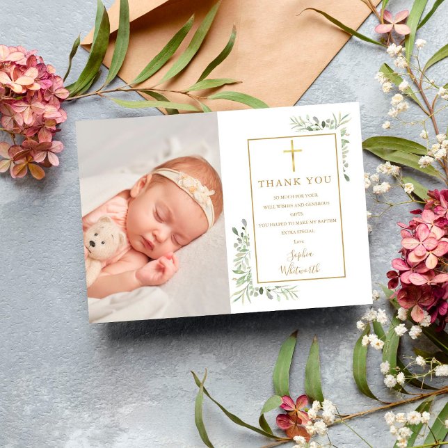 Baptism Christening Greenery Photo Thank You Card (Creator Uploaded)