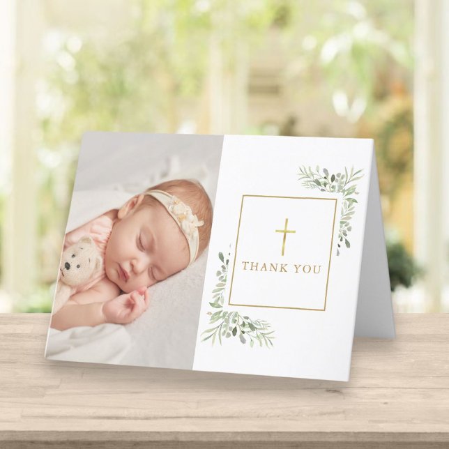 Baptism Christening Greenery Photo Thank You Card (Creator Uploaded)