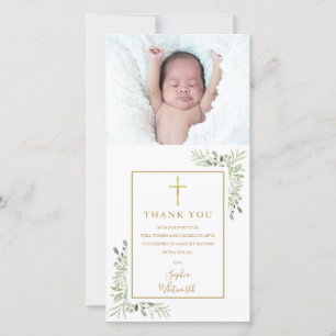 Baptism Christening Greenery Photo Thank You Card