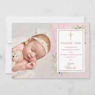 Baptism Christening Greenery Pink Marble Photo Thank You Card