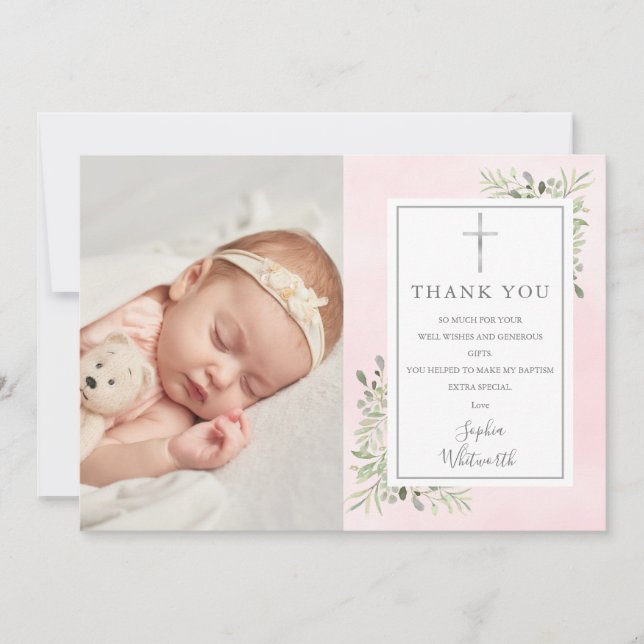 Baptism Christening Greenery Pink Watercolor Photo Thank You Card (Front)