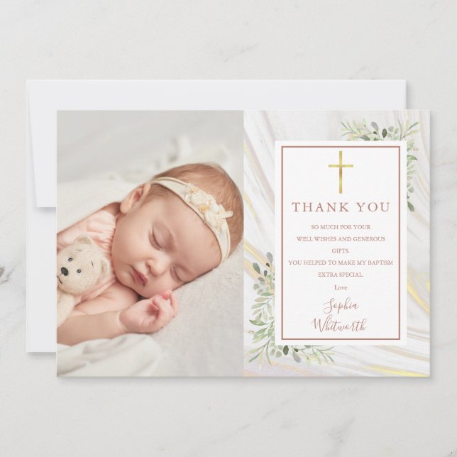 Baptism Christening Greenery Rose Gold Photo Thank You Card (Front)