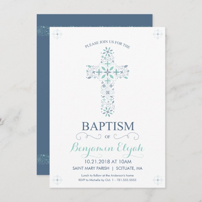 Baptism, Christening Invitation - Baby Boy Invite (Front/Back)