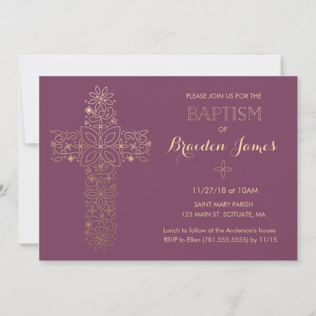 Baptism, Christening Invitation - Gold Cros Invite (Front)