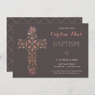 Baptism, Christening Invitation - Gold, Pink Cross