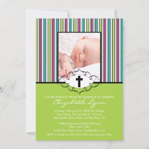 Baptism Christening Invitation Photo Green Stripes