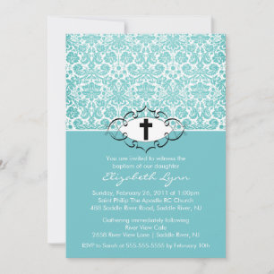Baptism Christening Invitations Blue Damask