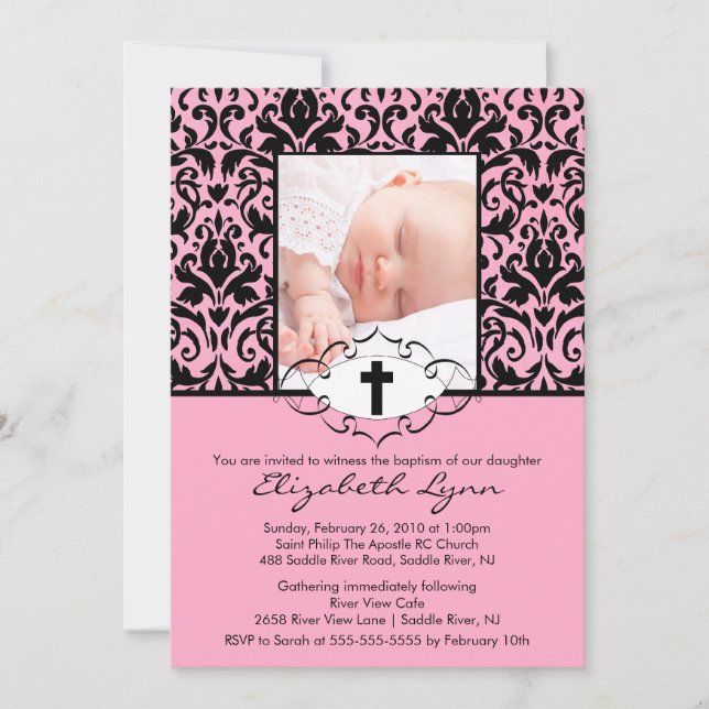 Baptism Christening Invitations Photo Damask Pink (Front)