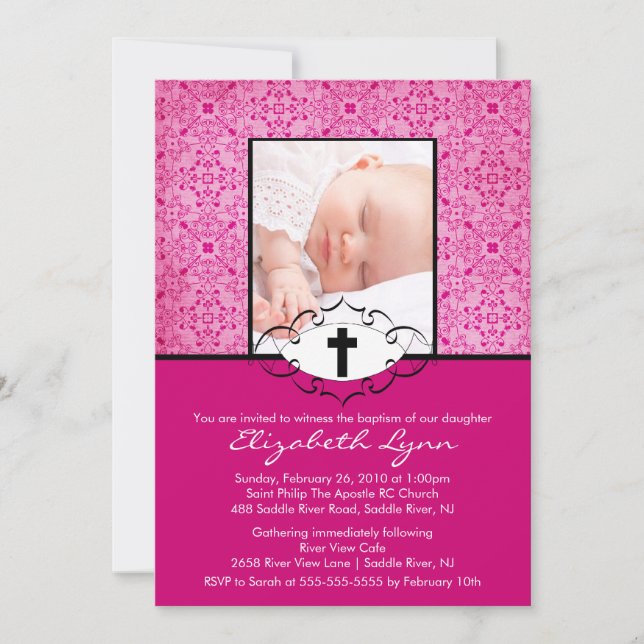 Baptism Christening Invitations Photo Pink Damask (Front)