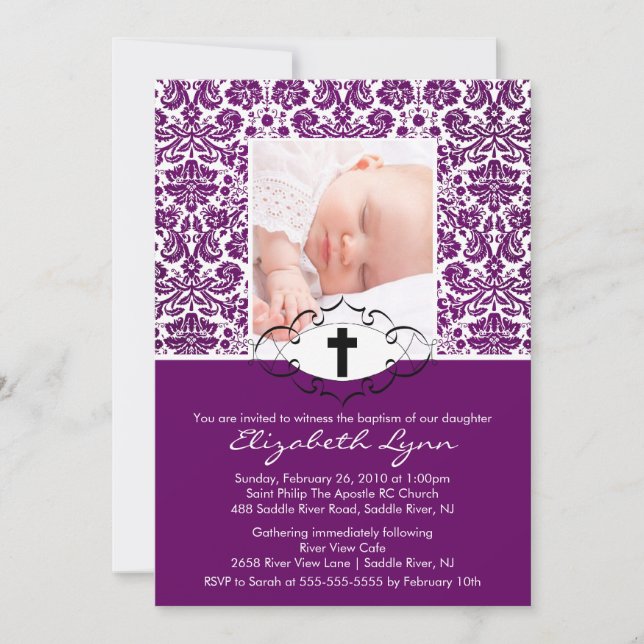 Baptism Christening Invitations Photo Purple Damas (Front)