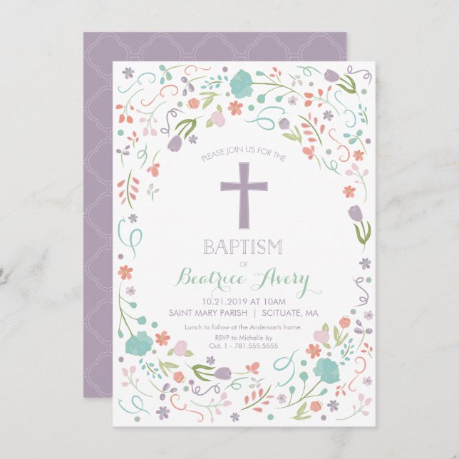 Baptism, Christening Invite - Flowers, Cross (Front/Back)