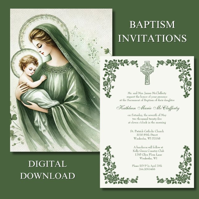 Baptism Christening Irish Green Celtic Cross  Invitation (Creator Uploaded)