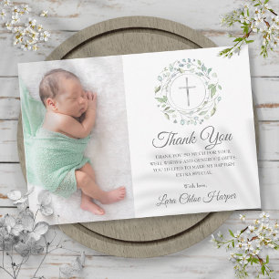 Baptism, Christening Laurel Floral Photo Thank You Card