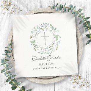 Baptism Christening Laurel Floral Silver Cross Napkin