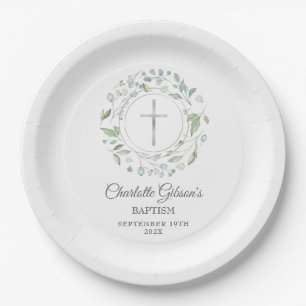 Baptism Christening Laurel Garland Silver Cross Paper Plate
