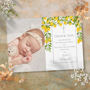 Baptism Christening Lemons Blossom Greenery Photo Thank You Card