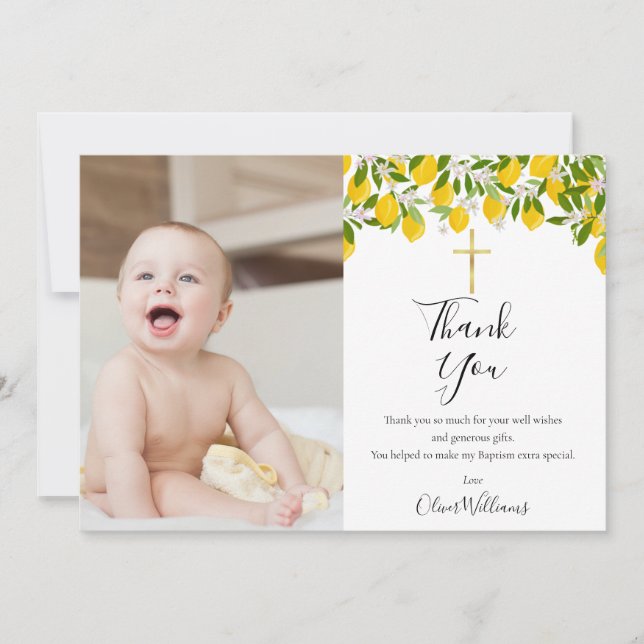 Baptism Christening Lemons Gold Cross Photo Thank You Card (Front)