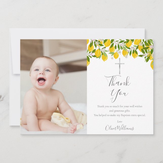 Baptism Christening Lemons Silver Cross Photo Thank You Card (Front)