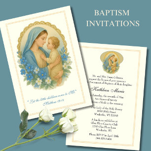 Baptism Christening Mary Jesus Blue Floral Invitation