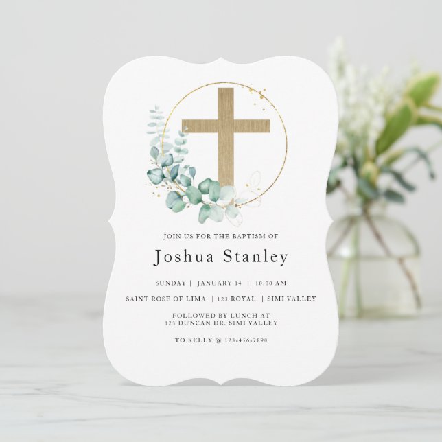 BAPTISM, Christening, Minimalist, Eucalyptus Invitation (Standing Front)
