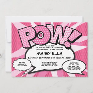 Baptism Christening Modern Comic Book Pink Invitation