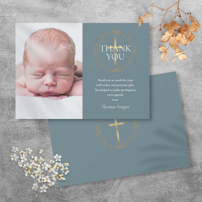 Baptism Christening Modern Gold Garland  Photo  Thank You Card (Baptism Christening Modern Gold Garland Photo Thank You Card)