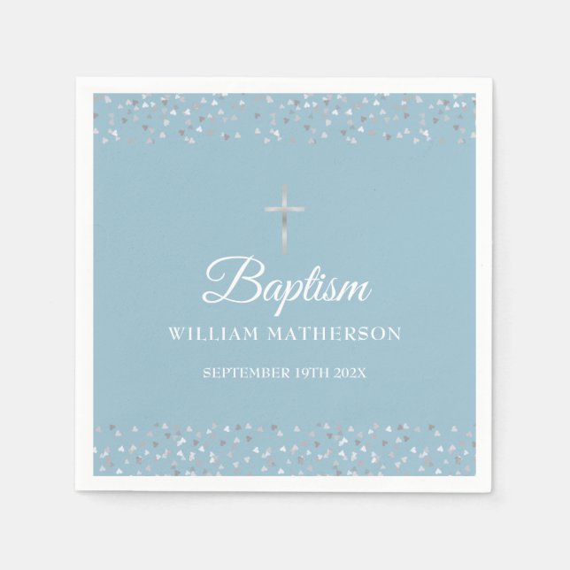 Baptism Christening Modern Silver Hearts  Napkin (Front)