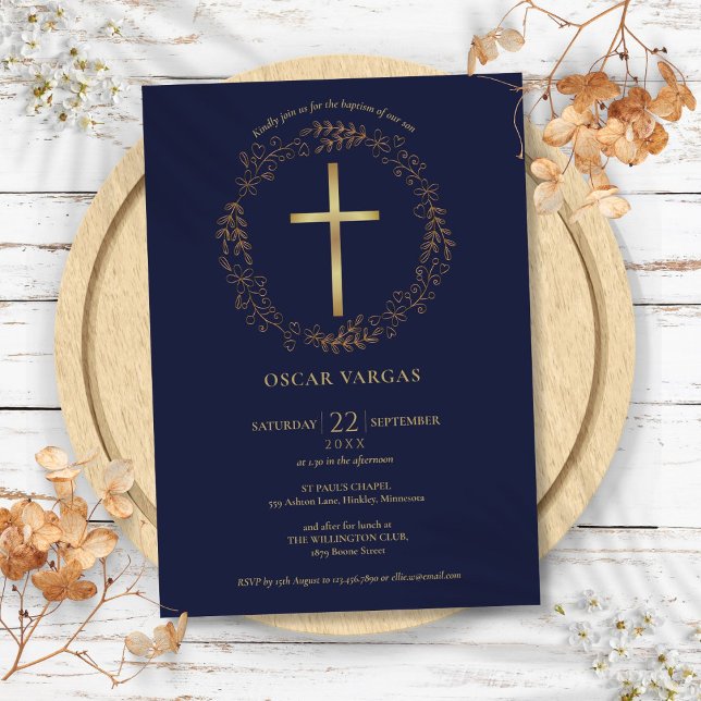 Baptism Christening Navy Blue Gold Cross Floral Invitation (Baptism Christening Navy Blue Gold Cross Floral Invitation)