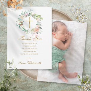 Baptism Christening Photo Roses Floral Gold Thank You Card