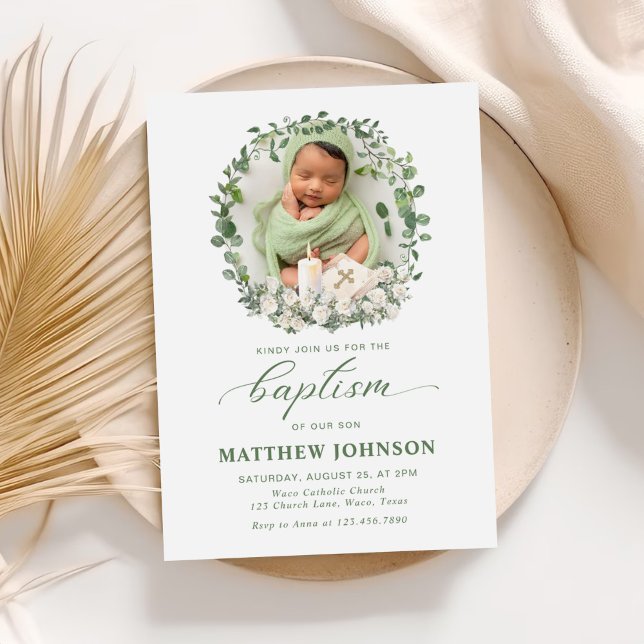 Baptism Christening Photo Roses Floral  Invitation (Creator Uploaded)