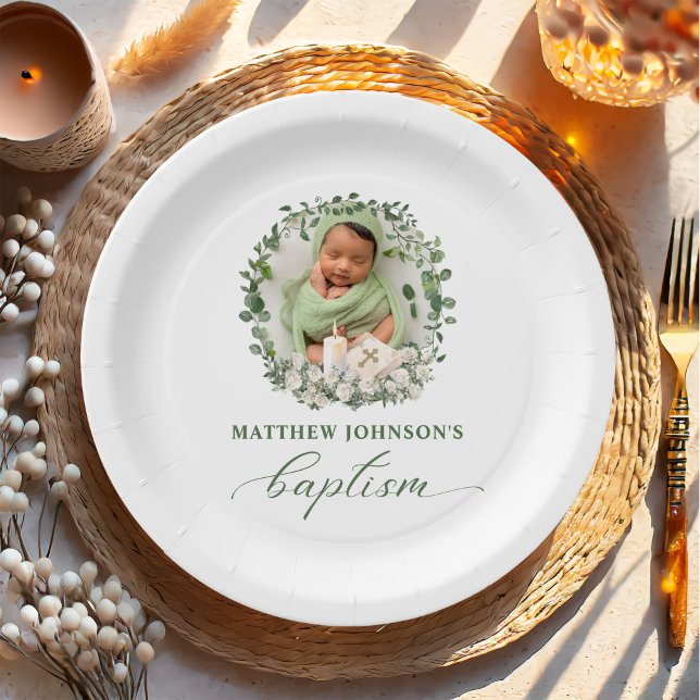 Baptism Christening Photo Roses Floral Paper Plate (Creator Uploaded)