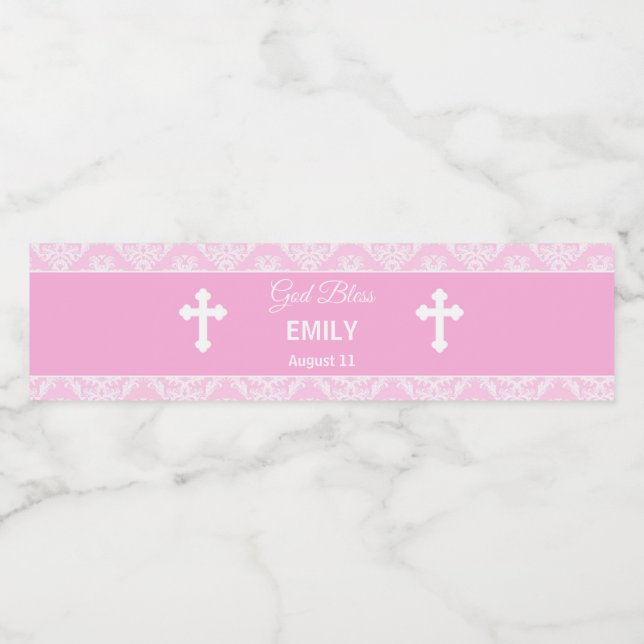Baptism Christening Pink Bottle Girl Damask Water Bottle Label (Single Label)