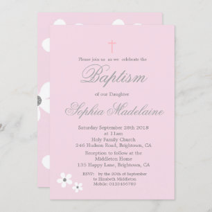 Baptism Christening Pink Daisy Silver Girl Invitation