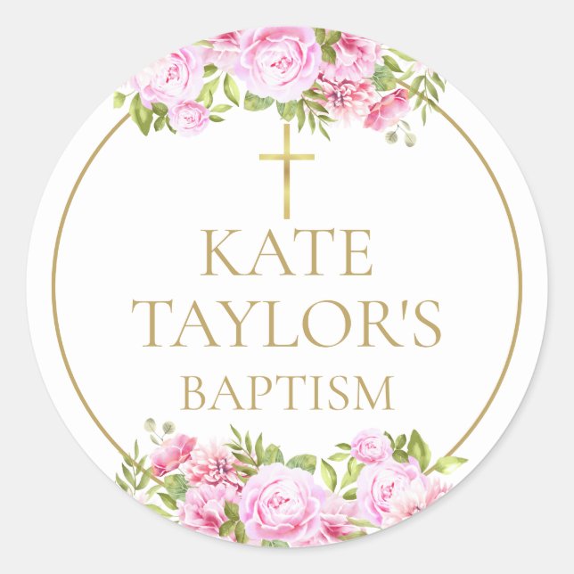  Baptism Christening Pink Rose Floral Favour Classic Round Sticker (Front)