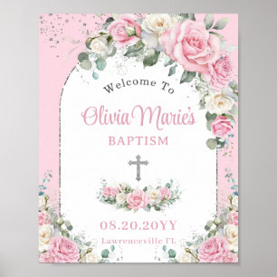 Baptism Christening Pink White Roses Floral Silver Poster