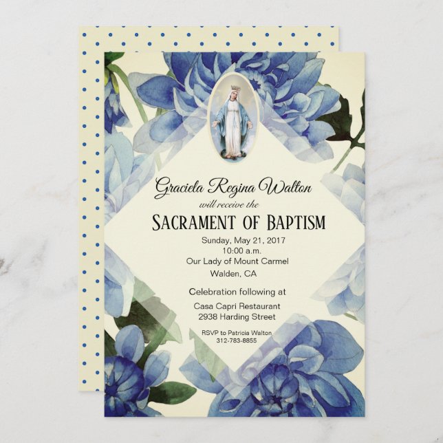 Baptism Christening Religious Blue Flowers Invitation (Front/Back)