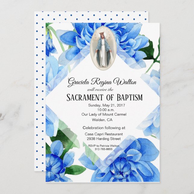 Baptism Christening Religious Blue Flowers Invitation (Front/Back)
