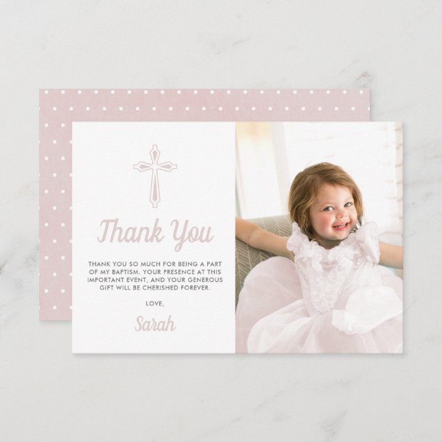 Baptism Christening Religious Pink Girl Photo Thank You Card (Front/Back)