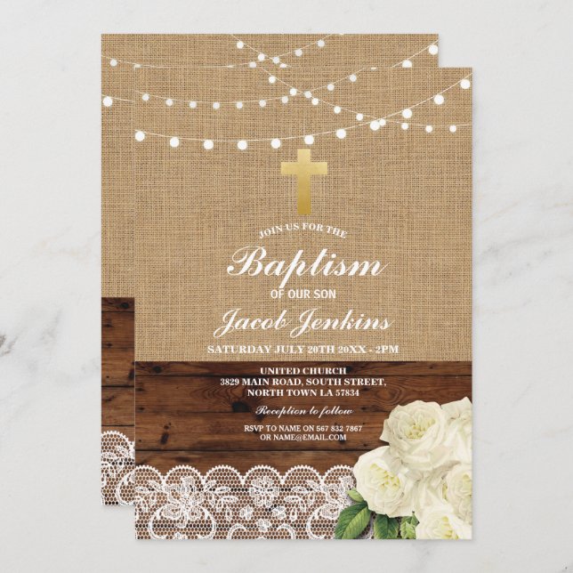 Baptism Christening Rose Burlap Wood Lace Invitation (Front/Back)