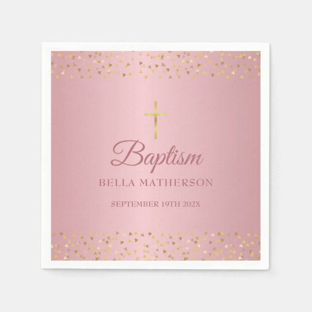 Baptism Christening Rose Gold Hearts Napkin (Front)