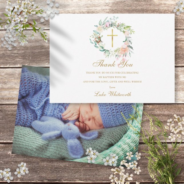Baptism Christening Roses Floral Photo Gold Thank You Card (Baptism Christening Roses Floral Photo Gold Thank You Card)