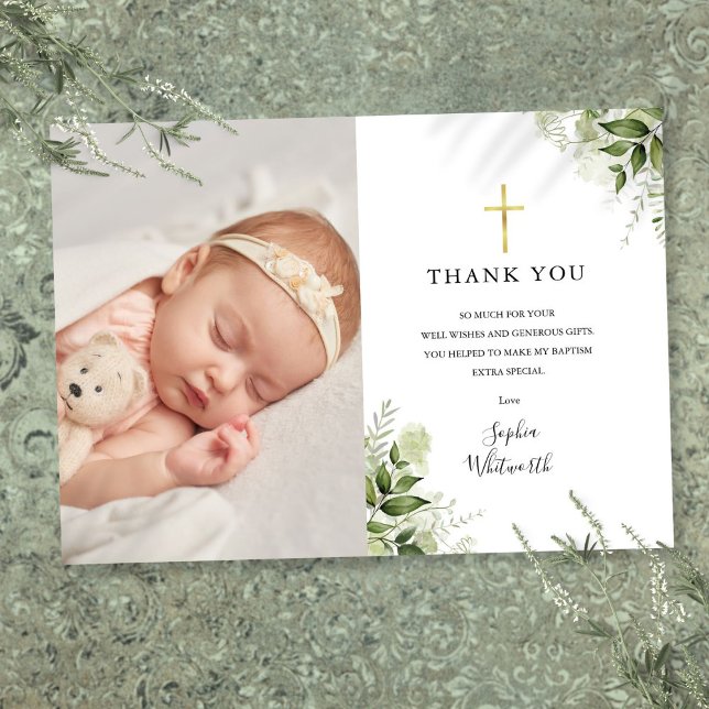 Baptism Christening Rustic Greenery Photo Thank You Card (Baptism Christening Rustic Greenery Photo Thank You Card)