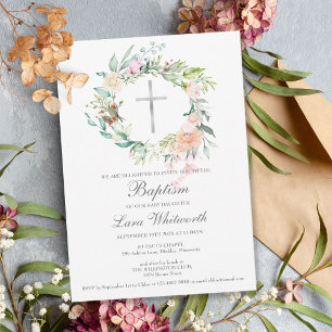 Baptism Christening Silver Cross Floral Garland Invitation