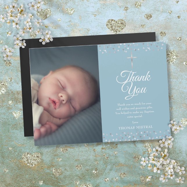 Baptism Christening Silver Hearts Photo Thank You (Baptism Christening Silver Hearts Photo Thank You)