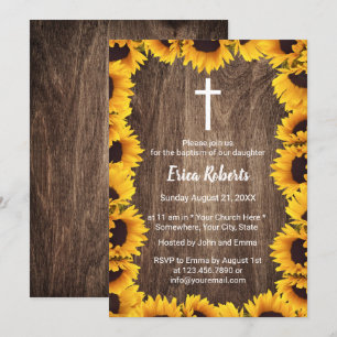 Baptism Christening Vintage Sunflowers Framed Invitation