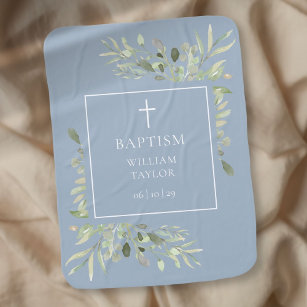 Baptism Christening Watercolor Greenery Dusty Blue Baby Blanket