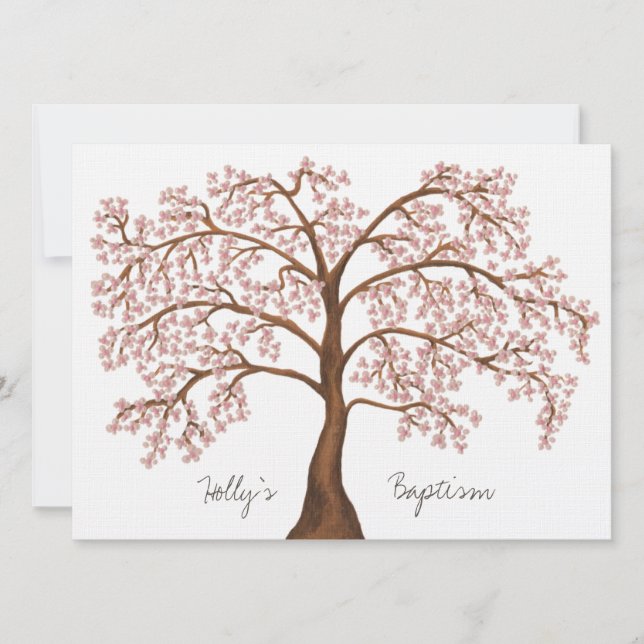 Baptism Christening White Pink Cherry Blossom Tree Invitation (Front)