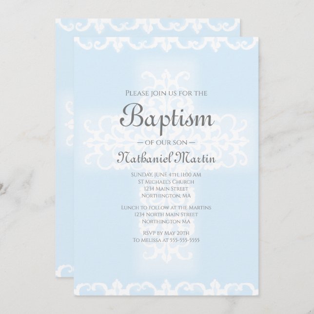 Baptism Christian Cross Blue Damask Boy Invitation (Front/Back)