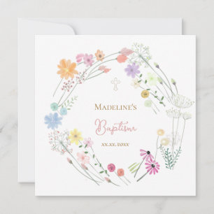 Baptism colourful wildflowers wreath invitation