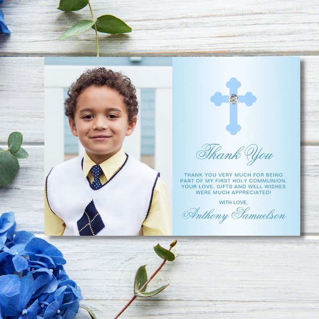 Baptism Communion Confirmation Blue BOY PHOTO Thank You Card (Creator Uploaded)